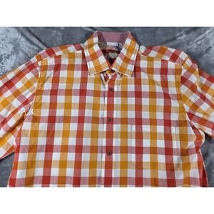 Signum Button Up Shirt Mens Medium Regular Cut Gingham Check Red/Orange/White